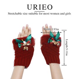 Urieo Christmas Fingerless Gloves, Red Knit with Green Bow and Bells, Winter Holiday Accessories
