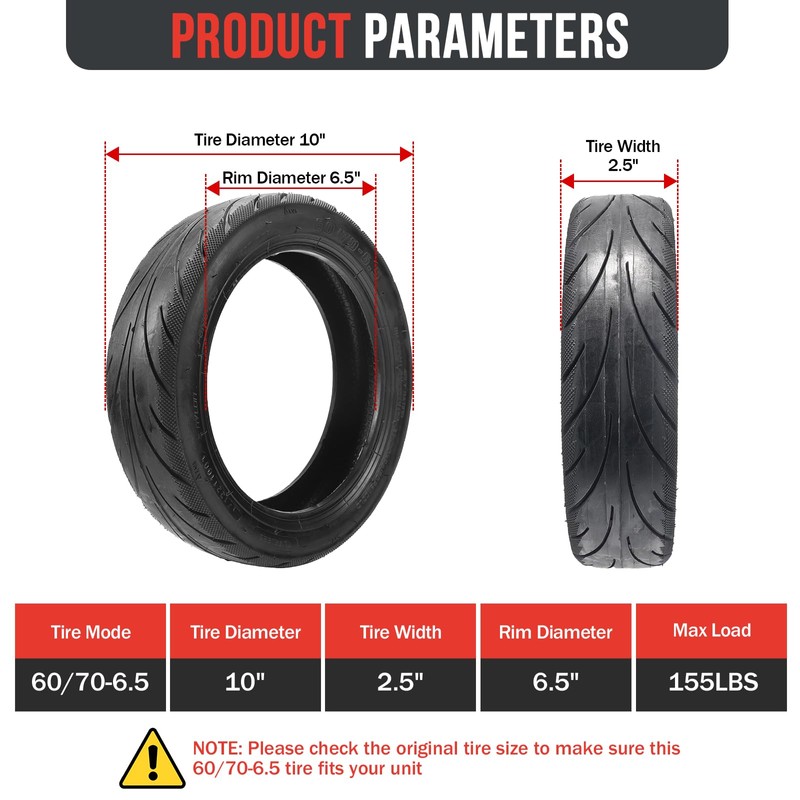 60/70-6.5 Tubeless Tires,10 x2.50-6.5 Scooter Tire with Straight Nozzle Replacement