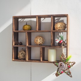 SOFE Small Brown Wood Shadow Box with Shelves, 3 Tier Wall Shelving Unit, 9-Compartment Wall Mounted Curio Cabinet, Knick Knack Display Shelf, Floating Cube Shelves for Walls, Shot Glass Display Case