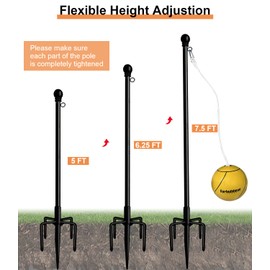 Garbuildman Tetherball Set with Rope for Outdoor Backyard, Adjustable Tether Ball Pole with Reinforced 5-Prong Base for Playground, Outside Ball Games Sports for Kids & Adults, 7.5 FT, Black