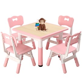 FUNLIO Kids Table and 4 Chairs Set, Height Adjustable Toddler Table and Chair Set for Ages 3-8, Easy to Wipe Arts & Crafts Table, for Classrooms/Daycares/Homes, CPC & CE Approved (5-Piece Set) - Pink
