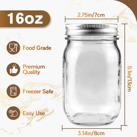 Mason Jars,16oz Regular Mouth Airtight Glass Jars with Leak-Proof Lids for Canning, Food Storage, Smoothies, Coffee & Crafts (2 Pack)