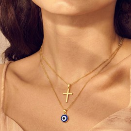 COORWEEL Cross Necklace for Women 14K Gold Plated Gold Cross and Delicate Blue Evil Eye Necklace Lucky Protection Jewelry Gift for Women