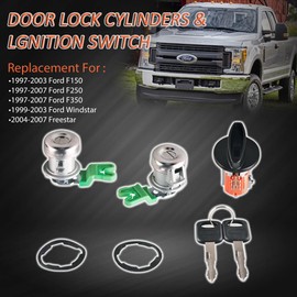 GrteRokky Door Lock Cylinders & Ignition Switch w/Keys Compatible for 1997-2003 Ford F150,1997-2007 F250 F350,1999-2003 Ford Windstar,2004-2007 Freestar LC6177+DL5885X2+597638 (No Chip) 6C341522050AC