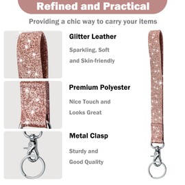 HOTCOOL 2 Pack Stylish and Durable With Keyrings Keychains Leather Wrist Lanyard Strap for Phone, Car Keys, Wallet, Id Holder, cameras, and Everyday Essentials, Glitter Rose Gold
