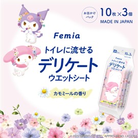 LEC Femia Toilet-Flushable Delicate Wet Wipes, 10 Sheets × 3 Packs (My Melody & Kuromi) Chamomile Scent