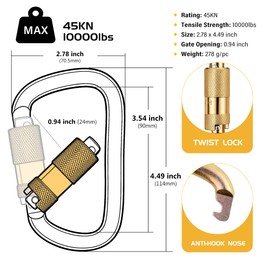 Hopeseily 45kN(10000lbs) Auto Locking Carabiner, Heavy Duty Steel Climbing Carabiner, D-Shape Twist Lock Carabiner Clip for Rock Climbing, Rappelling, Aerial Work, Hunting, Rescue, Arborist