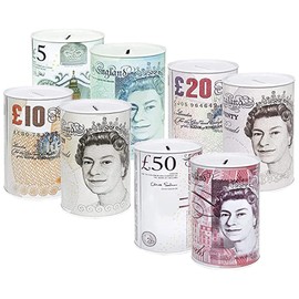 KAV Sterling Money Box Tin - Piggy Bank, Coin Tin, Cash Tin, Tinplate, Savings Tin to Save Birthday Money, Holiday and Christmas Fund - Pack of 4 Asorted Colours (15 x 10 x 10 cm)