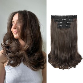 REECHO Clip in Hair Extensions, 4PCS Lace Weft Hair Extensions 14" Short Wavy Hair Extensions Invisible Hair Extensions Clip Ins Natural Soft Hairpieces for Women, Chocolate Brown