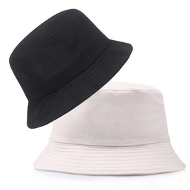 GWAWG 2PCS Reversible Embroidered Bucket Hat Packable Beach Sun Hat for Women Men (Cotton, Black and Beige)