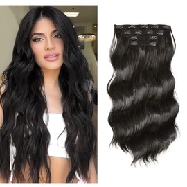 Meiverah Curly Wavy Hair Clip in Hair Extensions, 180G 20IN 4Pcs Curly Wavy Clip on Synthetic Hair Extension Hairpieces (20in, Natural Black, 1B#)