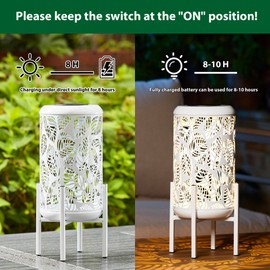Glitzhome Solar Lantern White Metal Cutout Leaves Pattern Outdoor Hanging Solar Light with Stand for Garden Patio Yard Outdoor Decor