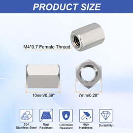 HiPicco Hex Coupling Nuts, M4 x 0.7-Pitch UNC 10mm/0.39" Length, 10 Pack 304 Stainless Steel Rod Coupling Nut for Threaded Rods & Studs