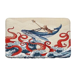 JIRGIXA Red Octopus Bath Mat Ocean Kraken Nautical Animal Octopus Tentacles Japanese Great Waves Funny Cat Whale Cool 17.8"x29.5" Bathroom Decor Mat/Rug