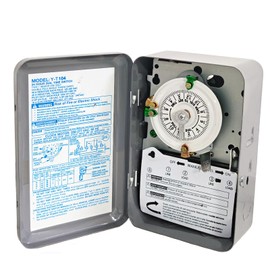 T104 24-Hour Mechanical Time Switch Pool Pump Timer with Metal Enclosure, 208-277V, 40A, 60Hz, DPST, 12 ON/Off Operations, Manual Override Included Trippers, Reliable Control for Various Loads