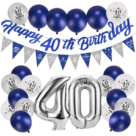 Afirbeone 40th Birthday Decoration for Men Women Navy Blue and Silver, Happy 40th Birthday Banner, Triangle Flag Banner, Confetti Latex Balloons and Aluminum Foil Balloons, for Birthday Party