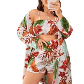 CARE LUCK - Conjunto hawaiano de 3 piezas para mujer, estampado floral, playera corta y pantalones cortos elásticos, ropa de playa vacacional, Blanco, 4X