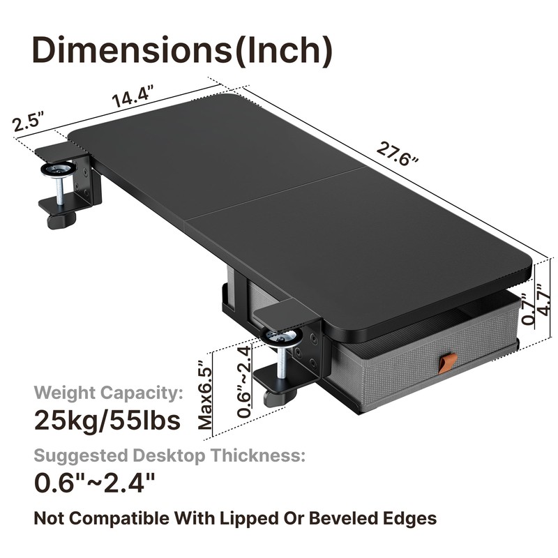 PEGZONE Desk Extender Tray, 28" x 14.4" Clamp On Desk