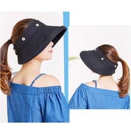 Sombrero de sol para mujer, parte superior extraíble, sombrero de ala ancha, visera de cola de caballo de verano, Negro 2, Talla única