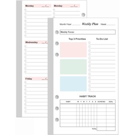 A6 Weekly Planner Refills for Filofax Personal Binders, 53 Sheets/106 Pages Undated Colorful Weekly Planner, 6-Hole Punched, 100 gsm White Paper, Lasts 1 Year, Undated, 3.75" x 6.75"