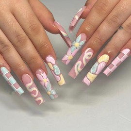 Press on Coffin Nails Long Length Glossy Full Cover Acrylic Extra Long Square False Nails with Designs Artificial Ballerina Square Fake Nails with Charm Glue ons Nails Fingernails for Women(SGCY151)