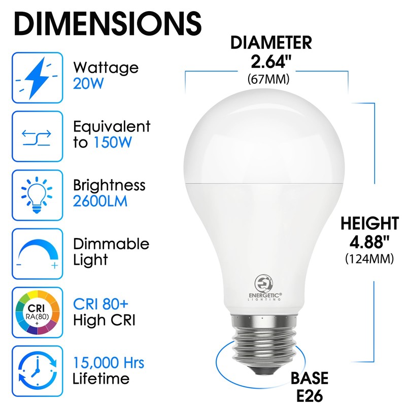 E ENERGETIC LIGHTING 4 Pack Dimmable A21 LED Bulb, 150
