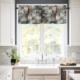 Blue Brown Geometric Window Valance Curtains, Window Treatment for Kitchen, Bathroom, Bedroom, Modern Ombre Abstract Art Rod Pocket Short Curtain 1 Panel, 54x18 in