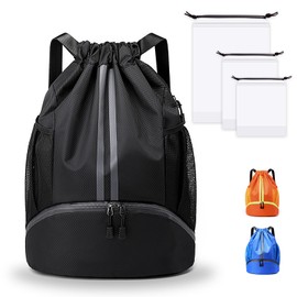 Grantop Waterproof Drawstring Gym Bag,Unisex Swimming Bag with Shoe Compartment, Large Capacity Sport String backpack with inside Zipper Pockets for Kids Boys Girls Men Women