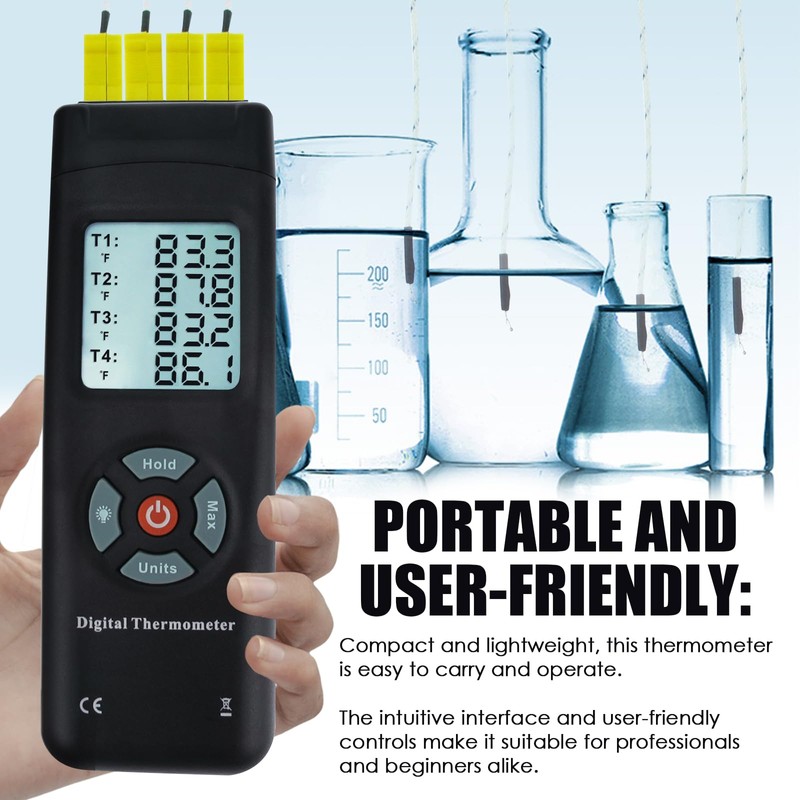 Thermometer 4 Kanäle K-Typ Thermoelement-Sensor-Tester mit K-Typ Metall Probe, Hintergrundbeleuchtung