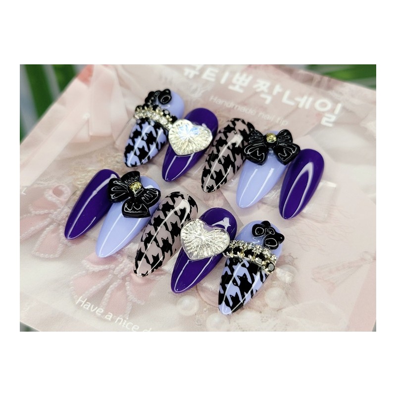 Purple Houndstooth Handmade Nail Tips - Square S / 퍼플