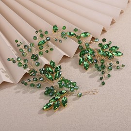 Teyglen Green Crystal Bride Flower Wedding Hair Vine Handmade Rhinestone Headband Bridal Hair Piece for Women Party Prom Headpiece Sparkly Rhinestone Hair Accessories (Green)