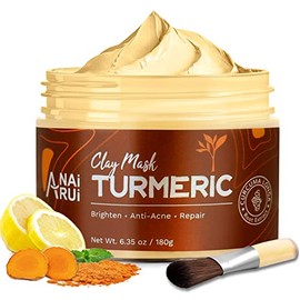 ANAI RUI Turmeric Facial Mask, Vitamin C Clay Mask with Wood Brush, Skin Care Mask for Acne, Refining Pores, Radiant & Smooth Skin, 6.35 oz