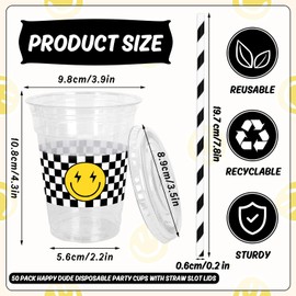 Whaline 50Pcs One Happy Dude Disposable Plastic Cups with Lids and Straws 12oz Smile Face Checkered Party Cups Cold Beverage Drinking Cups for Birthday Baby Shower Favors