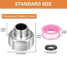 2Pcs Water Line Adapter,Stainless Steel Fittings in 1/2" Female to 9/16" Male Reducer Adapter,Compression Fitting for Kitchen Bathroom Faucet,Connector with Rubber Washer and Applicable Tape
