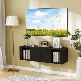 GOFLAME Floating TV Stand, Wall Mounted TV Console Table with Doors, Entertainment Media Center Under TV, Modern TV Cabinet for Living Room, Bedroom, Office, Black