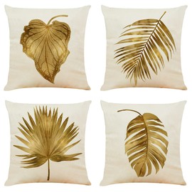 BCKAKQA Decorative Throw Pillow Cases 4 Pack 18x18 inches Tropical Brown Gold Leaf Cushion Covers 45cm x 45cm Linen Square Throw Pillow Covers for Bedroom Living Room Sofa Couch Bed Pillowcases