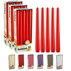 BOLSIUS 30 Count Unscented 10 Inch Red Household Taper Candles - 8 Hours Burn Time - Premium European Quality - Smokeless Dripless Taper Candlestick - Great for Special Occasion, Church, and Everyday