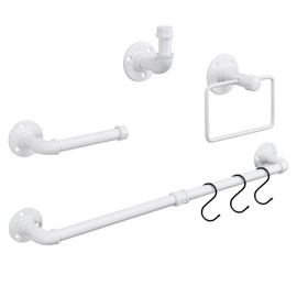 Jeasor 4-Pieces Industrial Pipe Bathroom Towel Ring Kit DIY Wall Mount Accessories Kit Includes Robe Hook Towel Bar and Towel Ring (White 24 inch)