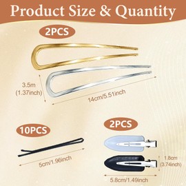 SHENSAIGO 2 PCS Metal French Hair Pins, 14CM U Shaped Hair Pins, French Twist Hair Pin with 2 No Bend Hair Clips and 10 Bobby Pins, Large French Pin for Thick Hair Women Girls Hairstyle (Gold Silver)
