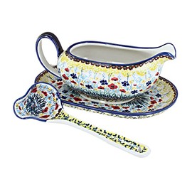 Blue Rose Polish Pottery Prairie Garden Gravy Boat & Ladle
