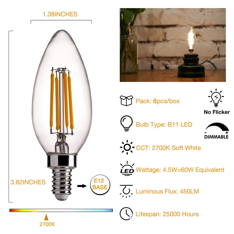 FLSNT 5000K Daylight B10 Dimmable 4W LED E12 Candelabra Bulbs,