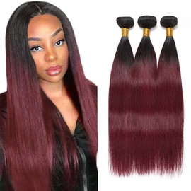 30 32 34 Inch Burgundy Bundles Human Hair Silky Soft 1B/99J Burgundy Straight Bundles Unprocessed Brazilian Remy Hair Extensions Red Bundle Ombre Straight Bundle Hair Weave