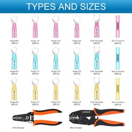 KONBUR 580Pcs Heat Shrink Wire Connectors -Insulated Electrical Terminals Kit- Waterproof Marine Automotive Crimp Connector Assortment- Butt Connector Ring Fork- with a Crimper and a Stripper Tools