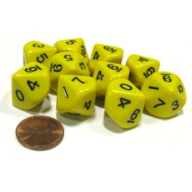 Koplow Games 10 Piece Set of 10-Sided D10 Polyhedral Dice - Yellow with Black Numbers