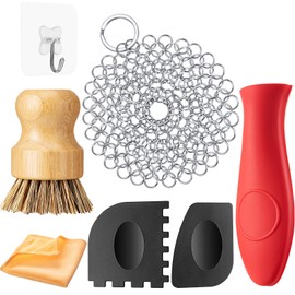 Patelai 7 Pieces Cast Iron Cleaner Set Include Stainless Steel Chainmail Scrubber with Bamboo Dish Scrub Brush Hot Handle Holder 2 Pan Grill Scrapers Kitchen Towel Wall Hook (Bright Color)