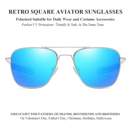 Gleyemor Polarized Square Aviator Sunglasses for Men Retro Military Tough Guy Style Shades (Silver Frame/Blue Mirror Lens)
