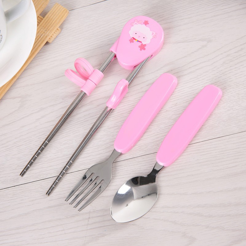3Pcs/Set Stainless Steel Spoon Fork Chopsticks Child Cutlery Kids Training