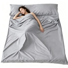 Inner Sleeping Bag, Lightweight, Comfortable Inner Sheet, Storage Bag Included, For Travel, Train, Hotel (Light Gray, Double)
