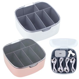 Cable Storage Box, Cable Box Organiser, Charging Cable Organiser Box with 6 Compartments, Cable Storage Box for Charging Cables, Charging Heads, Headphone Cables, Rings, Necklaces, Earrings (Pink and