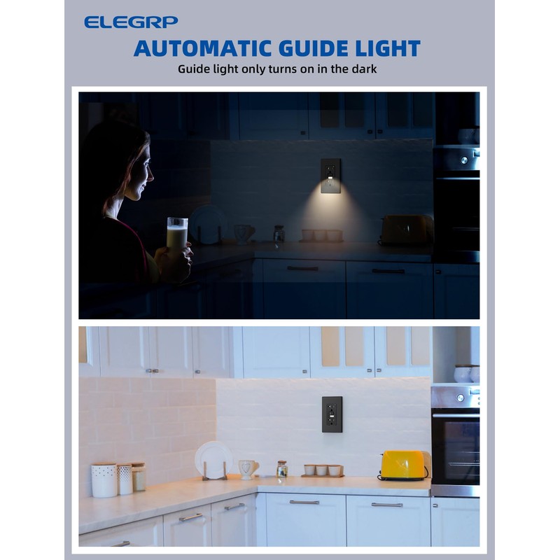 ELEGRP GFCI Outlet w/Nightlight, 20 Amp Self-Test GFI Electrical Outlet
